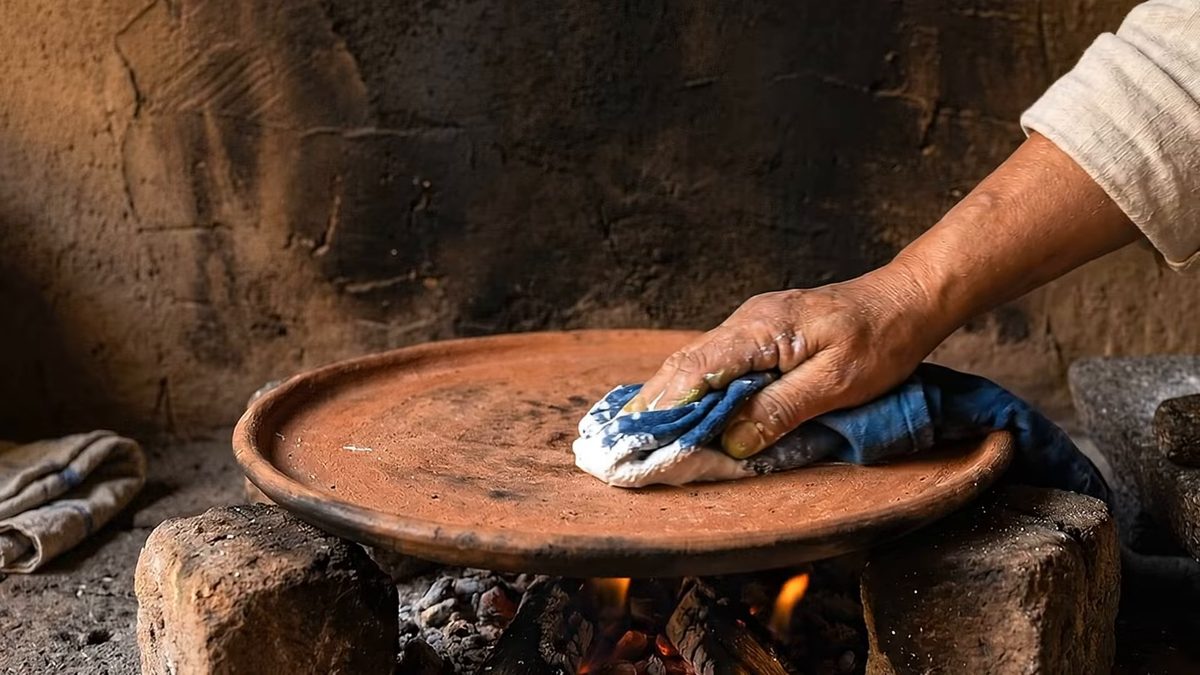 Una mano pasa un trapo por la superficie de un comal de barro puesto sobre la lumbre.