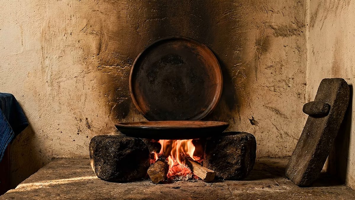 Comal de barro sobre un fogón con fuego vivo, con otro comal apoyado en la pared.