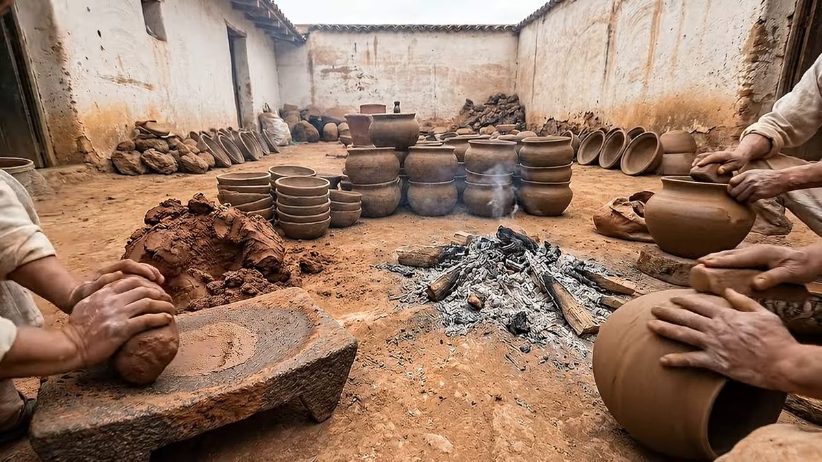 Patio de alfarería con piezas de barro y una fogata, y manos que amasan y modelan barro rojo.
