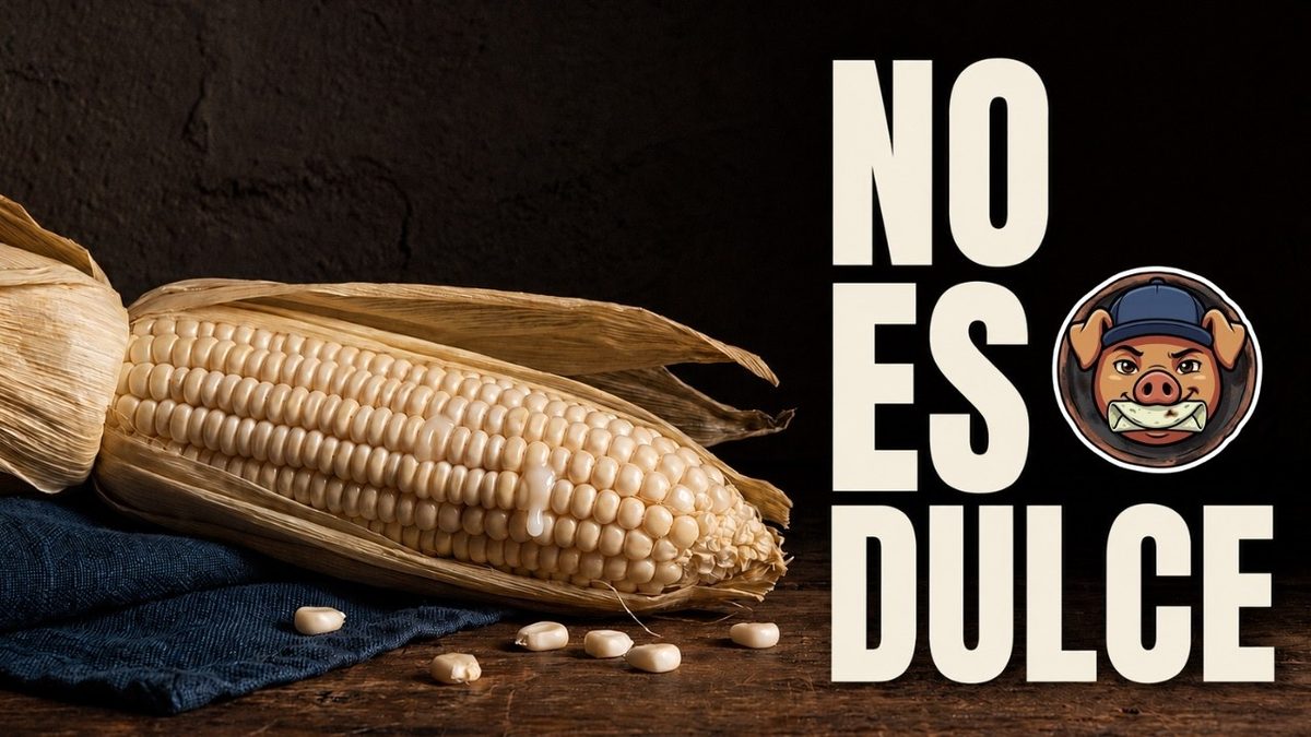 Elote tierno con las hojas abiertas y una gota de leche sobre los granos, en un paño azul sobre una mesa de madera.