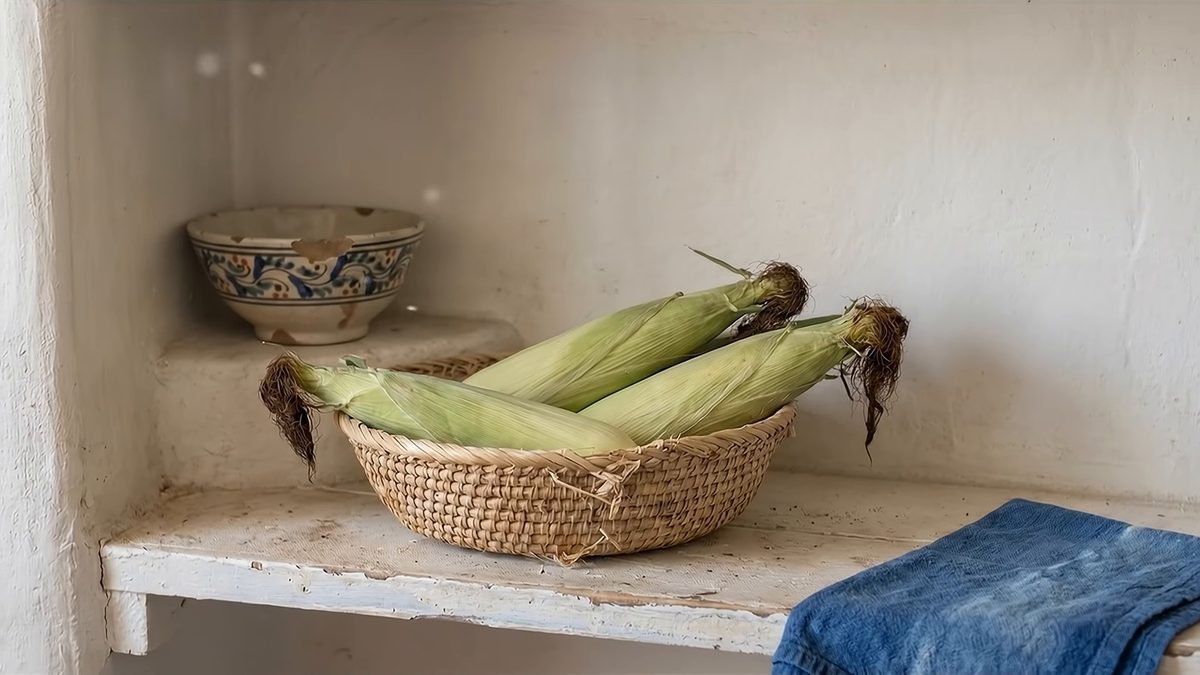 Tres elotes con hoja en un canasto sobre una banca encalada, junto a un paño azul.