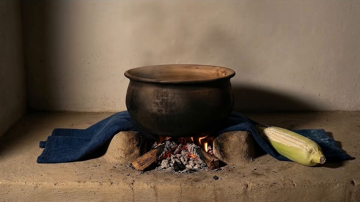 Olla de barro negro sobre un fogón con brasas, con un elote a un lado.