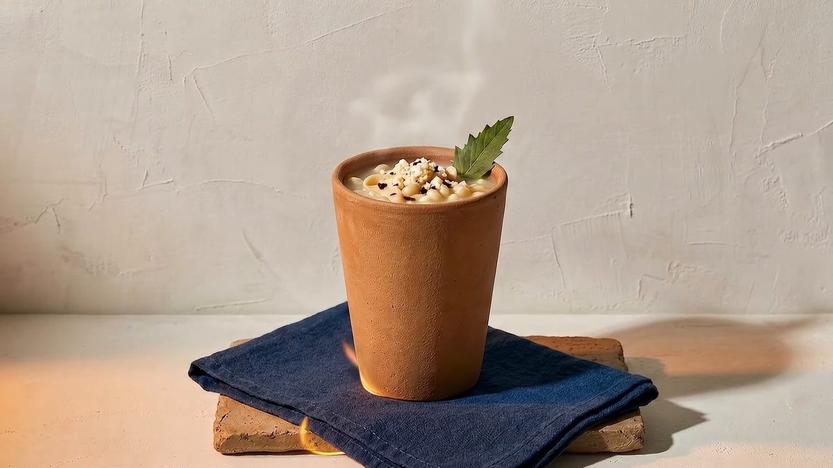 Vaso de barro con esquites humeantes y una hoja de epazote, sobre un paño azul.