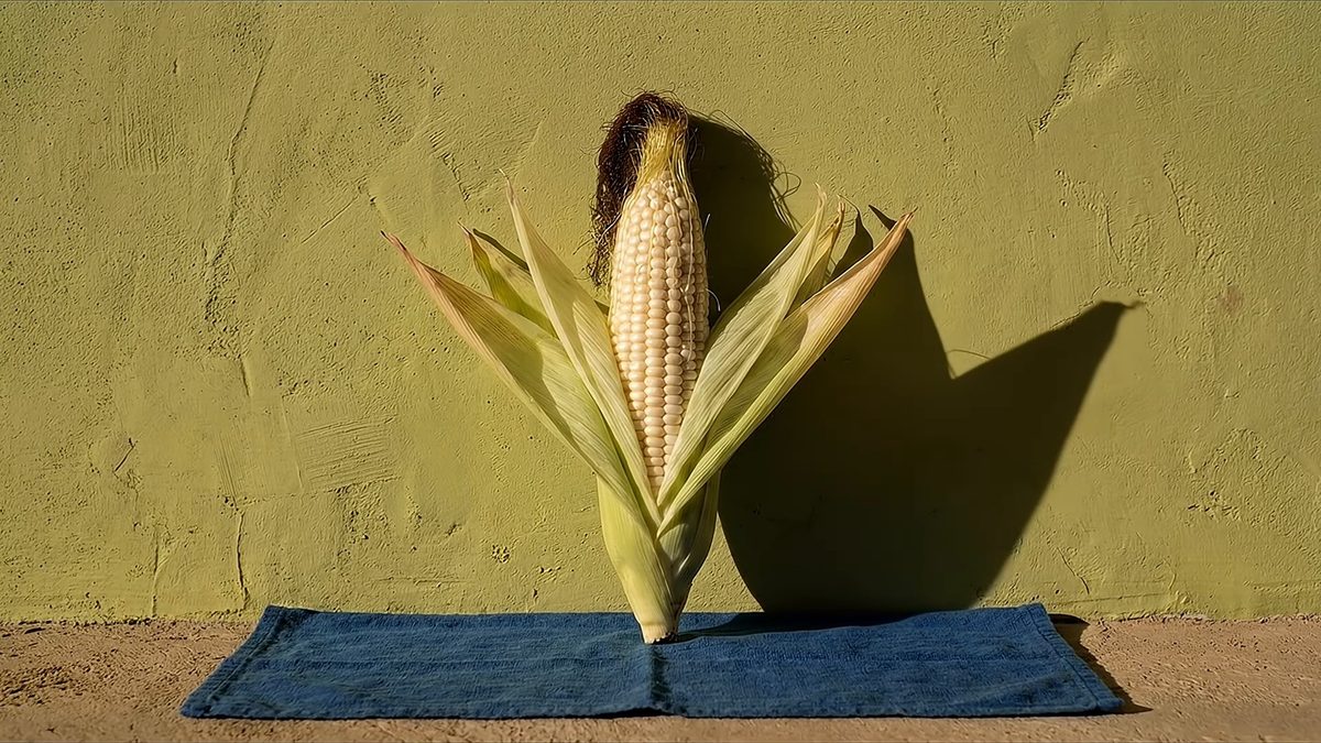 Elote de granos blancos con las hojas abiertas, de pie sobre un paño azul frente a una pared verde.