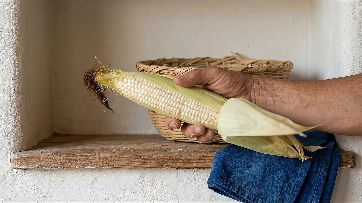 Una mano sostiene un elote a medio deshojar, de granos blancos, frente a un canasto en un nicho encalado.