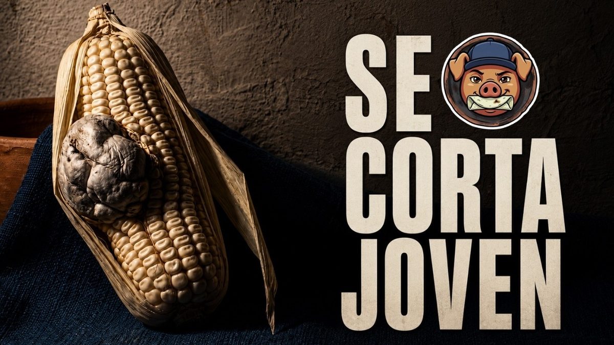 Elote con las hojas secas y una agalla gris de huitlacoche entre los granos, sobre un paño azul oscuro, con pared de barro al fondo.