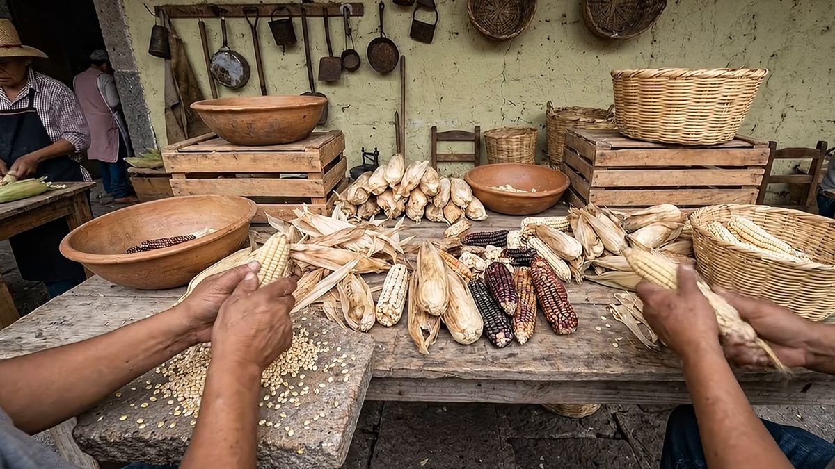 Dos manos desgranan mazorcas sobre una mesa de mercado con elotes, cazuelas y canastos.