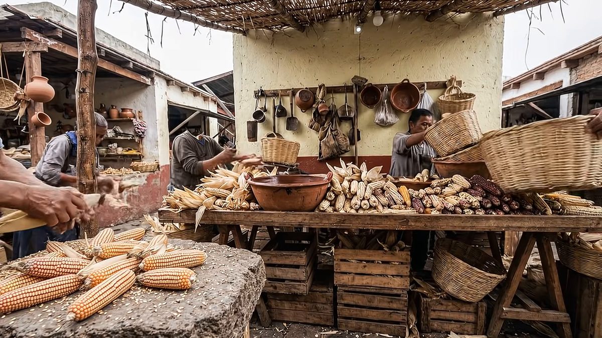 Puesto de mercado con elotes, mazorcas y cazuelas de barro sobre mesas de madera.