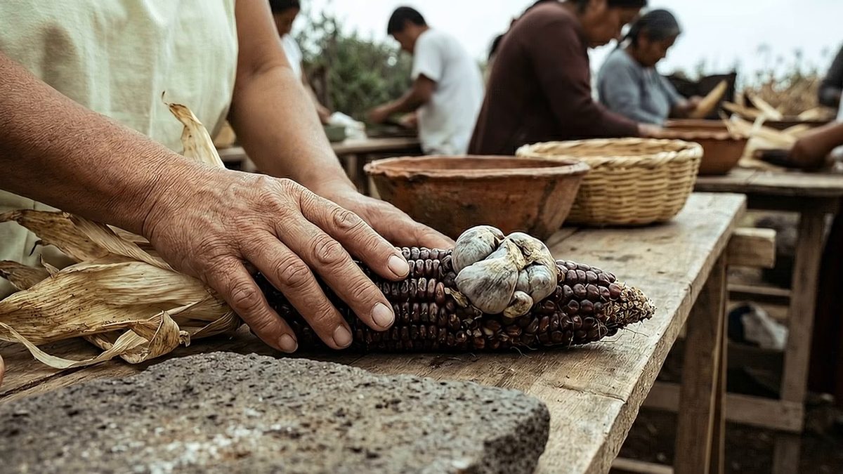 Una mano sobre una mazorca de granos oscuros con una agalla gris de huitlacoche, en una mesa de mercado.