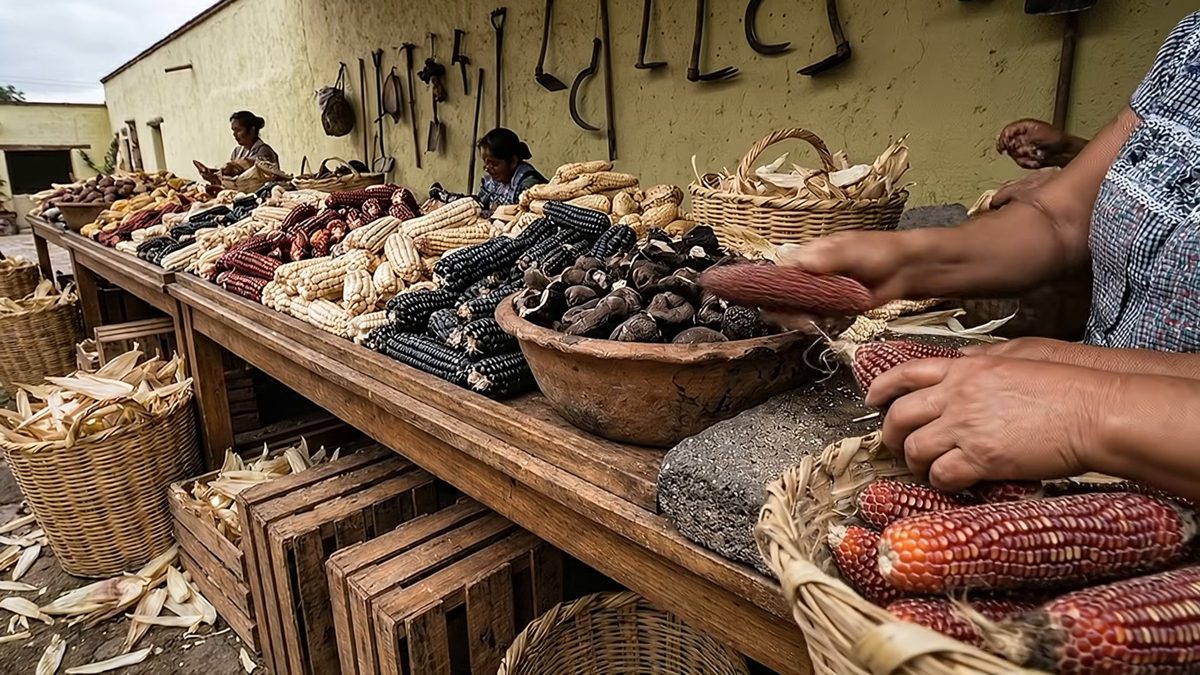 Mesa larga de mercado con mazorcas de varios colores y cazuelas con huitlacoche.