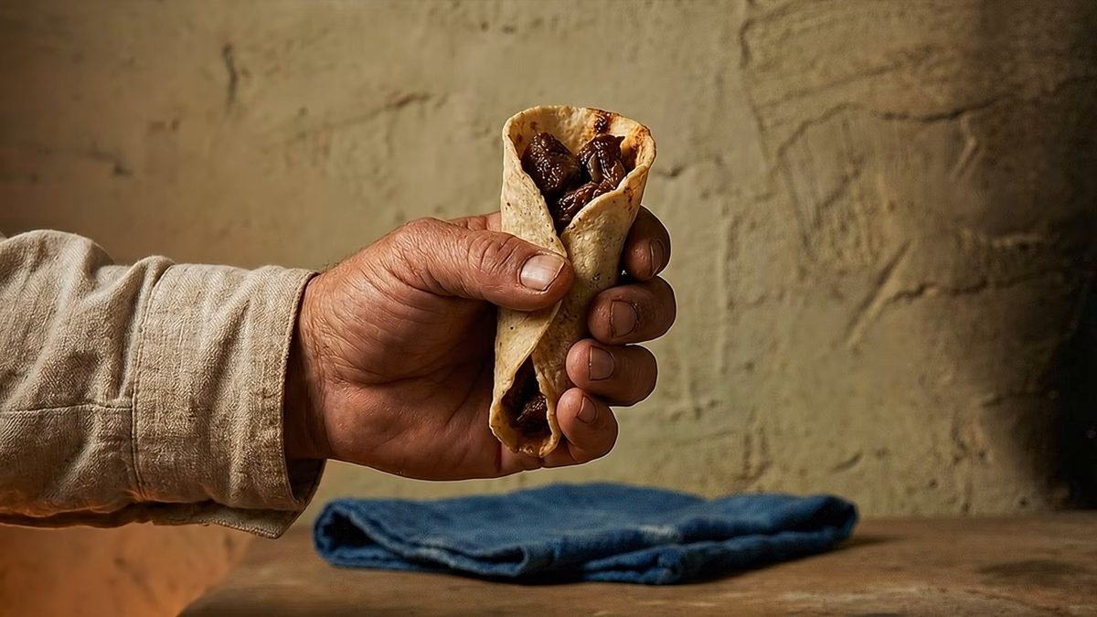 Una mano sostiene un taco de huitlacoche, con un paño azul al fondo.
