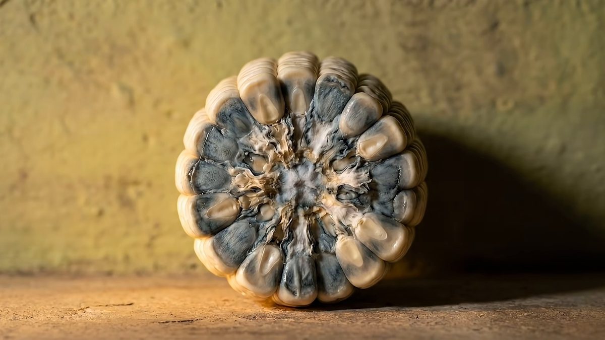 Corte transversal de una mazorca con los granos grises e hinchados por el huitlacoche.