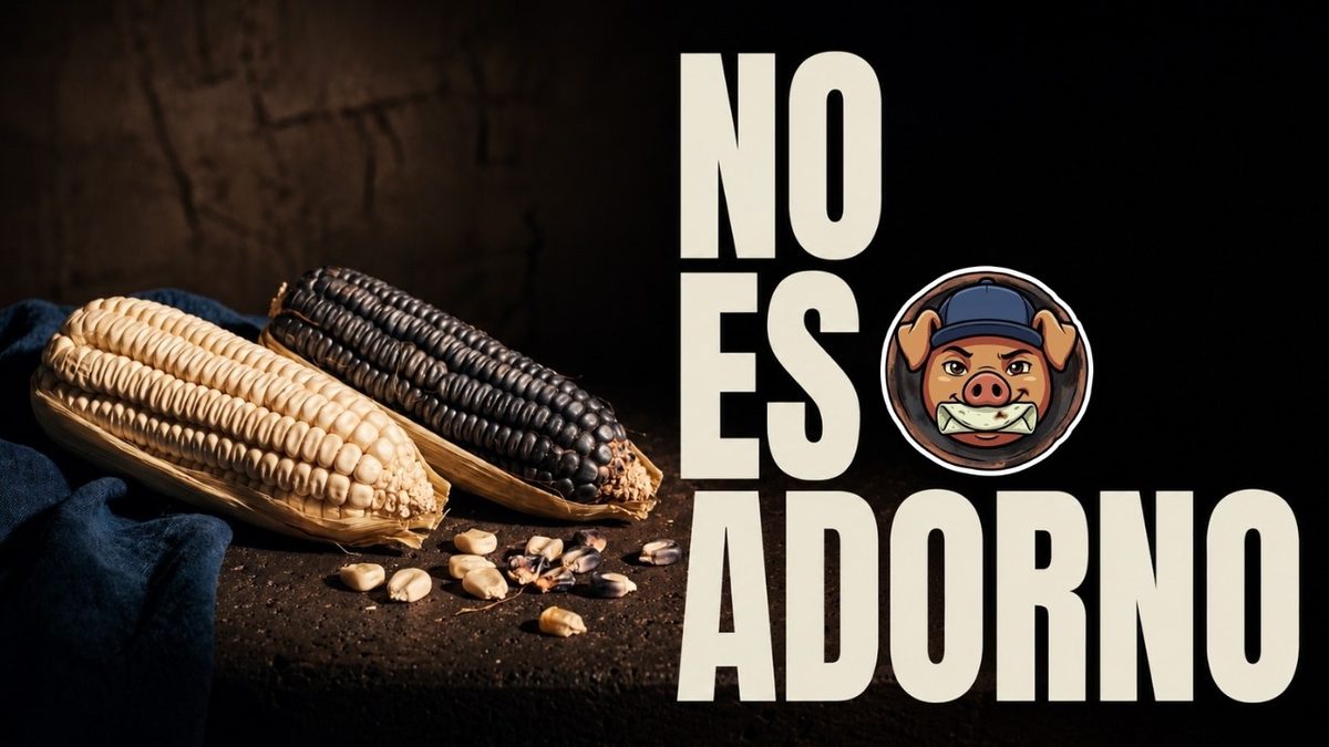 Dos mazorcas de maíces criollos, una blanca y otra azul casi negra, con granos sueltos sobre una superficie oscura.