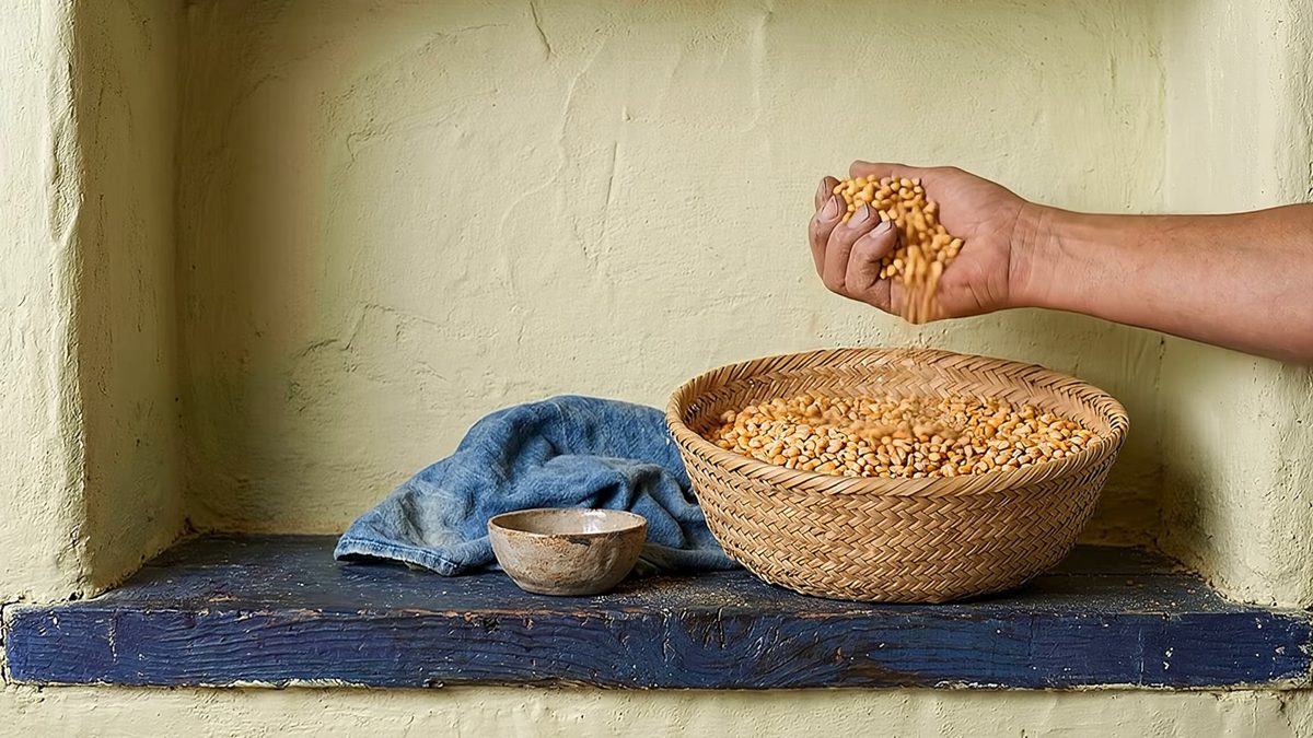 Una mano deja caer granos de maíz amarillo sobre un canasto.
