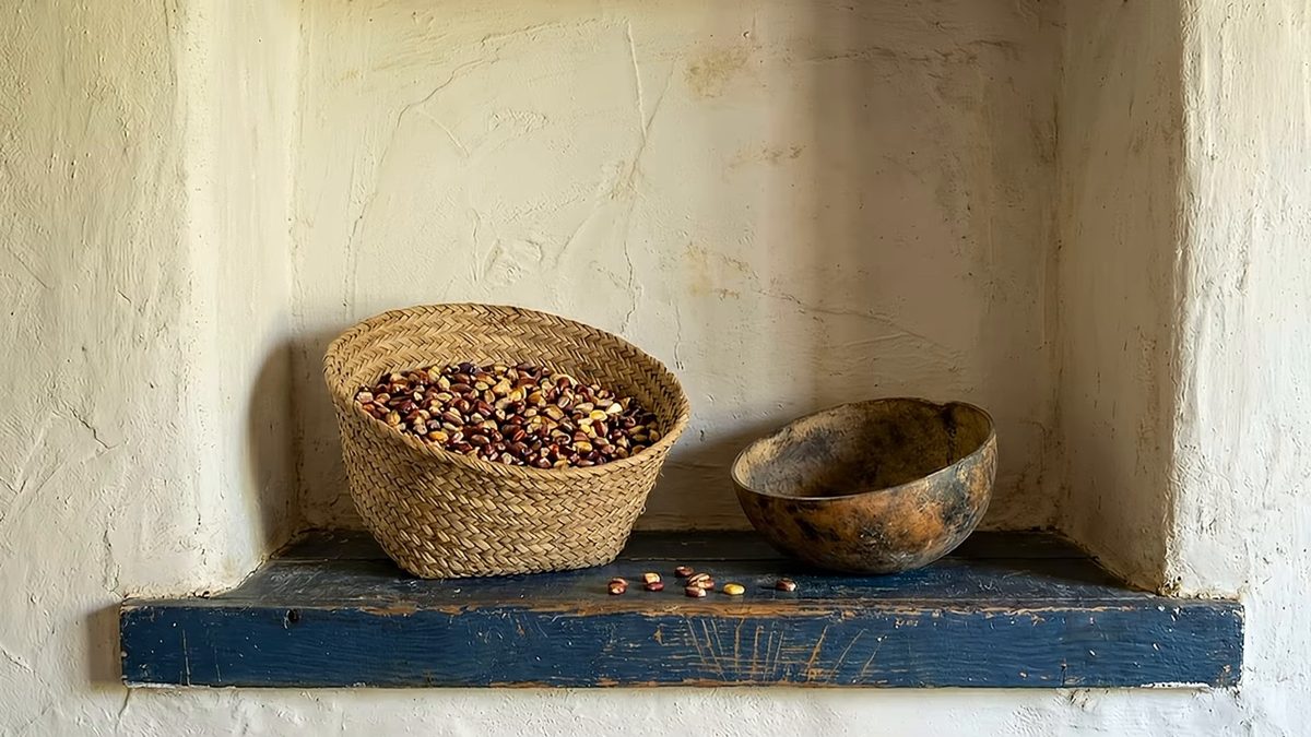 Canasto con granos de maíz rojizos y una jícara, en un nicho encalado.