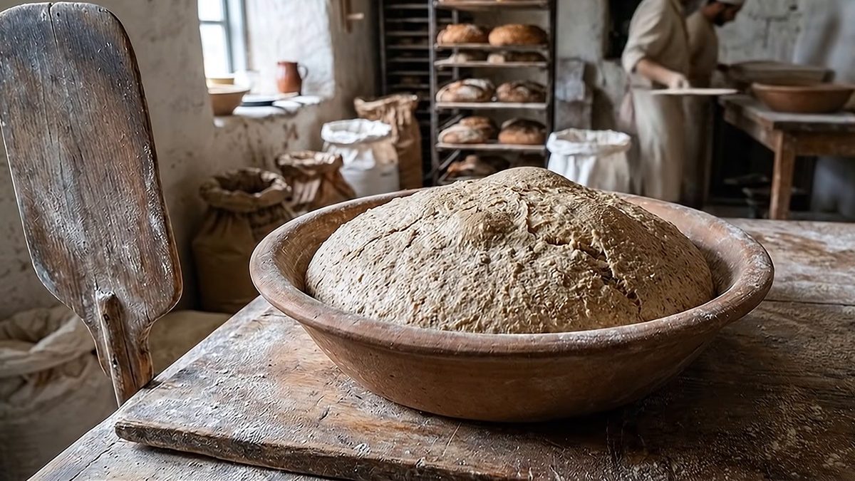 Masa levada en una cazuela de barro sobre una mesa de obrador, con una pala de horno al lado.