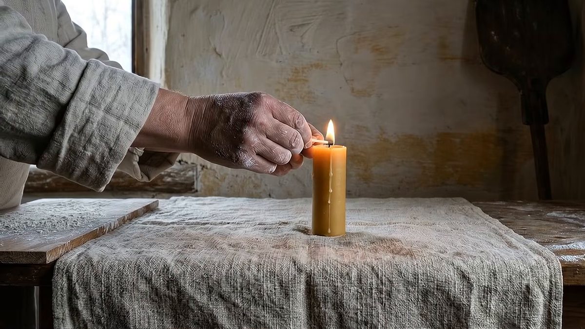 Una mano enciende una vela sobre una mesa cubierta con un mantel de lino.