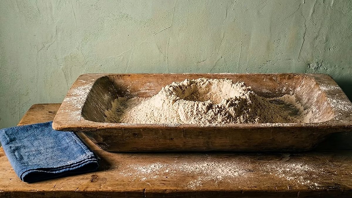 Batea de madera con harina sobre una mesa, junto a un paño azul.