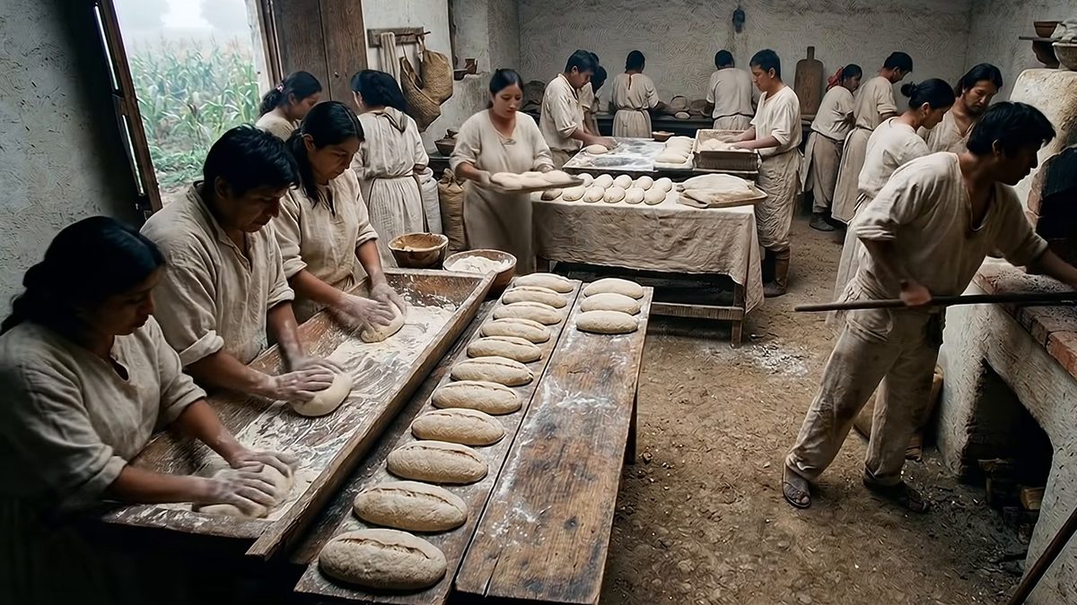 Personas que forman panes sobre tablas largas en un obrador, junto a un horno encendido.
