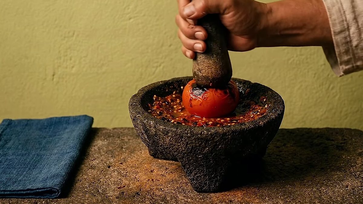 Una mano aprieta con el tejolote un jitomate tatemado dentro de un molcajete, sobre una pasta roja de chile.