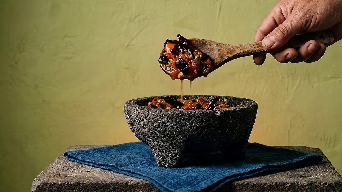 Una mano levanta con una cuchara de madera salsa martajada sobre un molcajete de piedra volcánica, apoyado en un paño azul.