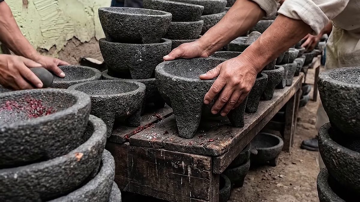 Manos que colocan un molcajete de piedra volcánica entre otros apilados sobre una mesa de madera, en un puesto de mercado.