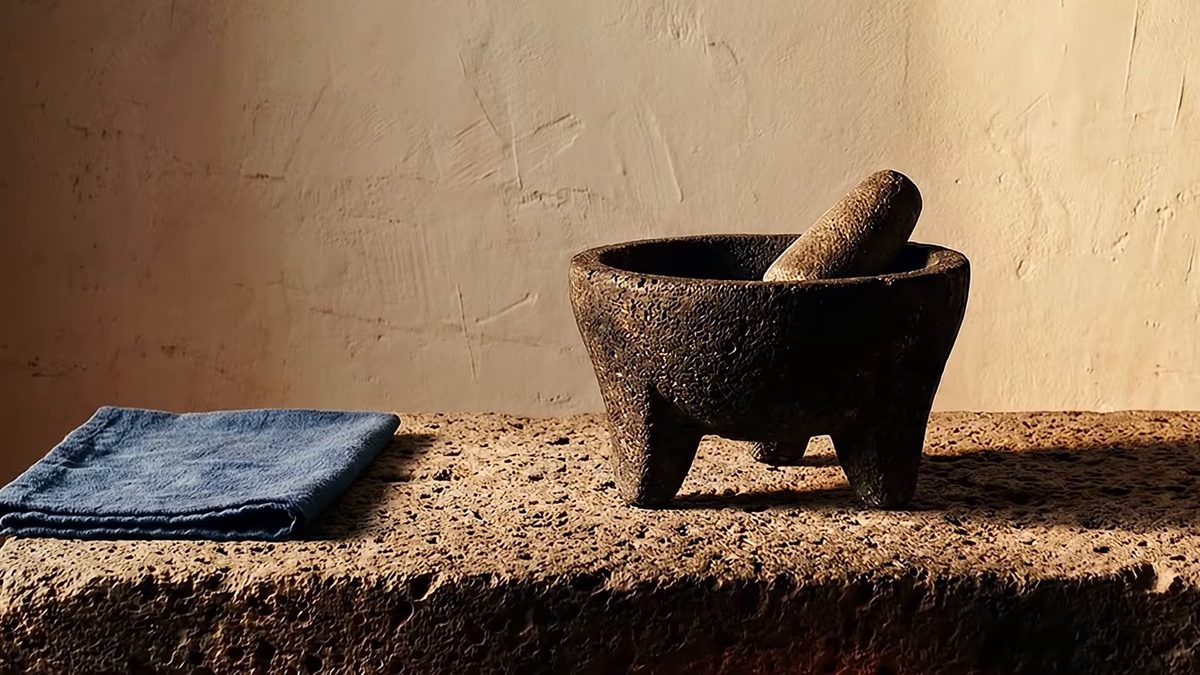 Molcajete de piedra volcánica de tres patas con su tejolote dentro, sobre una losa de piedra junto a un paño azul.