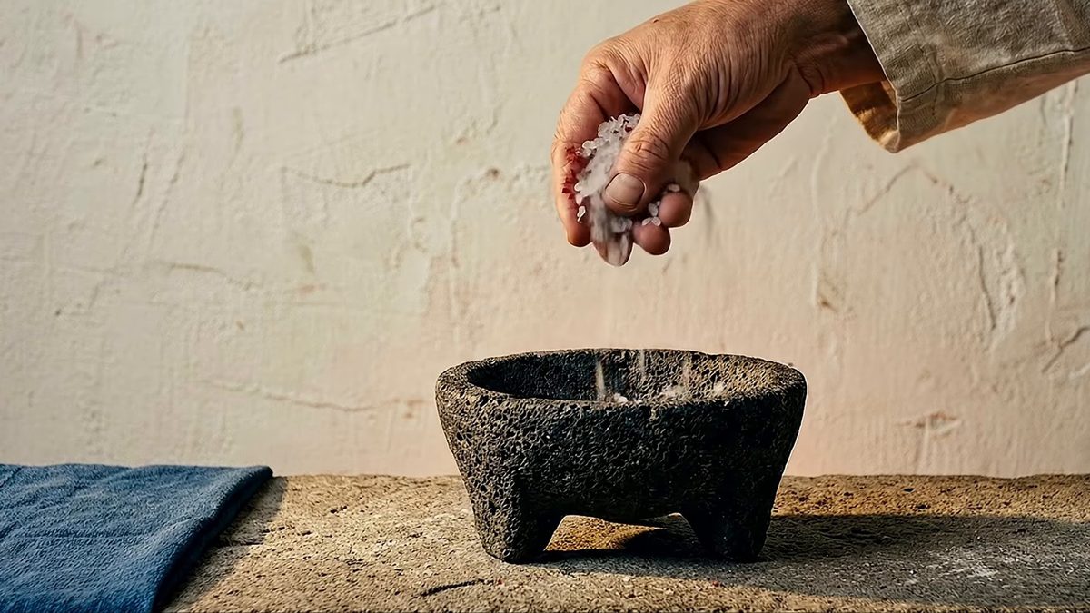 Una mano deja caer sal de grano dentro de un molcajete de piedra volcánica vacío, junto a un paño azul.